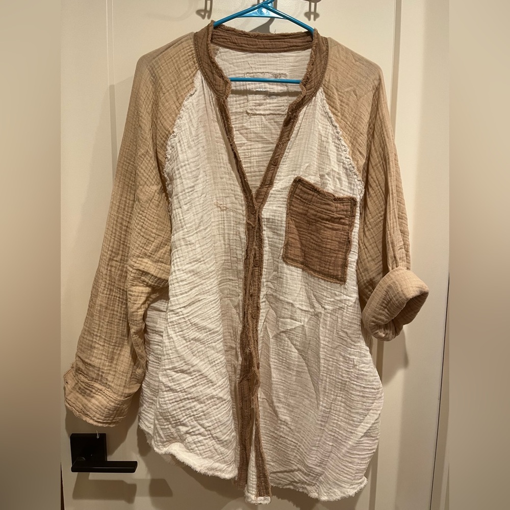 Aerie pool party button down, brown/tan, XL